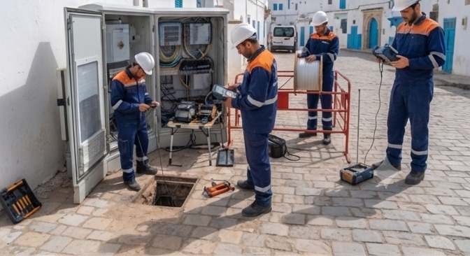 Équipe Opti Volt en intervention fibre optique dans la médina de Tataouine